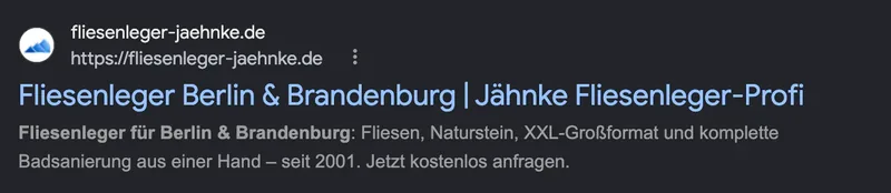 Google-Ergebnisse für „fliesenleger berlin brandenburg“ am 20. Oktober 2026: Jähnke Fliesenleger-Profi steht auf Platz 2.