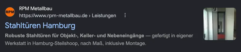 Google-Ergebnisse für „stahltüren hamburg“ am 20. Oktober 2026: RPM Metallbau steht auf Platz 2.