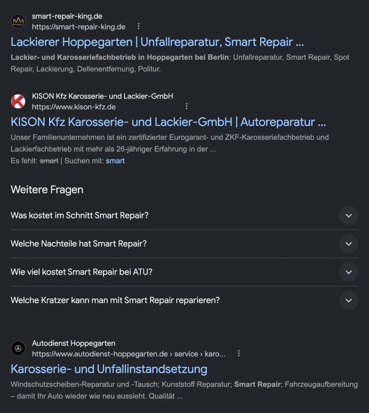 Google-Suche nach „smart repair hoppegarten“ am 20.10.2026: smart-repair-king.de auf Platz 1 der organischen Treffer.