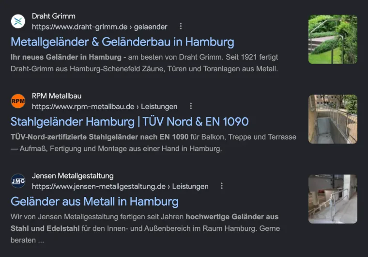 Google-Suche nach „stahlgeländer hamburg“ am 20.10.2026: rpm-metallbau.de auf Platz 2 der organischen Treffer.