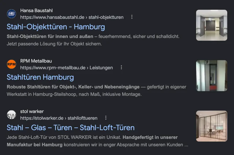 Google-Suche nach „stahltüren hamburg“ am 20.10.2026: rpm-metallbau.de auf Platz 2 der organischen Treffer.