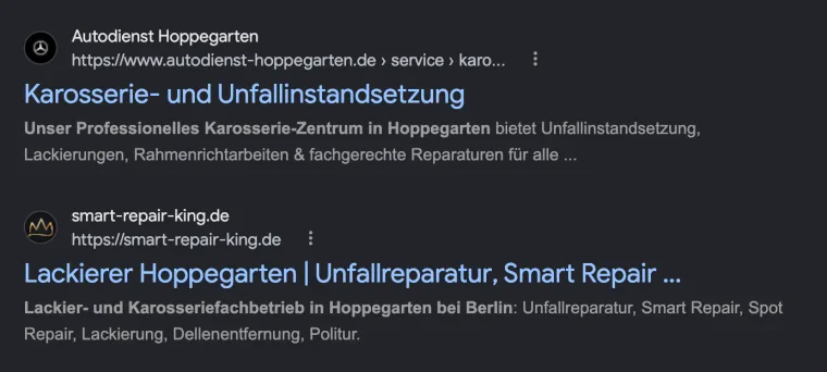 Google-Suche nach „unfallreparatur hoppegarten“ am 20.10.2026: smart-repair-king.de auf Platz 2 der organischen Treffer.