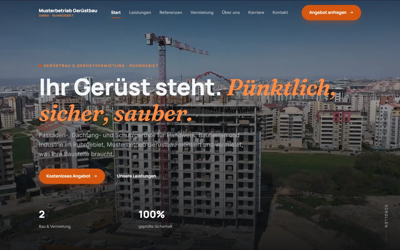 Designstudie Gerüstbau und Gerüstvermietung: Startseite des Entwurfs, anonymisiert
