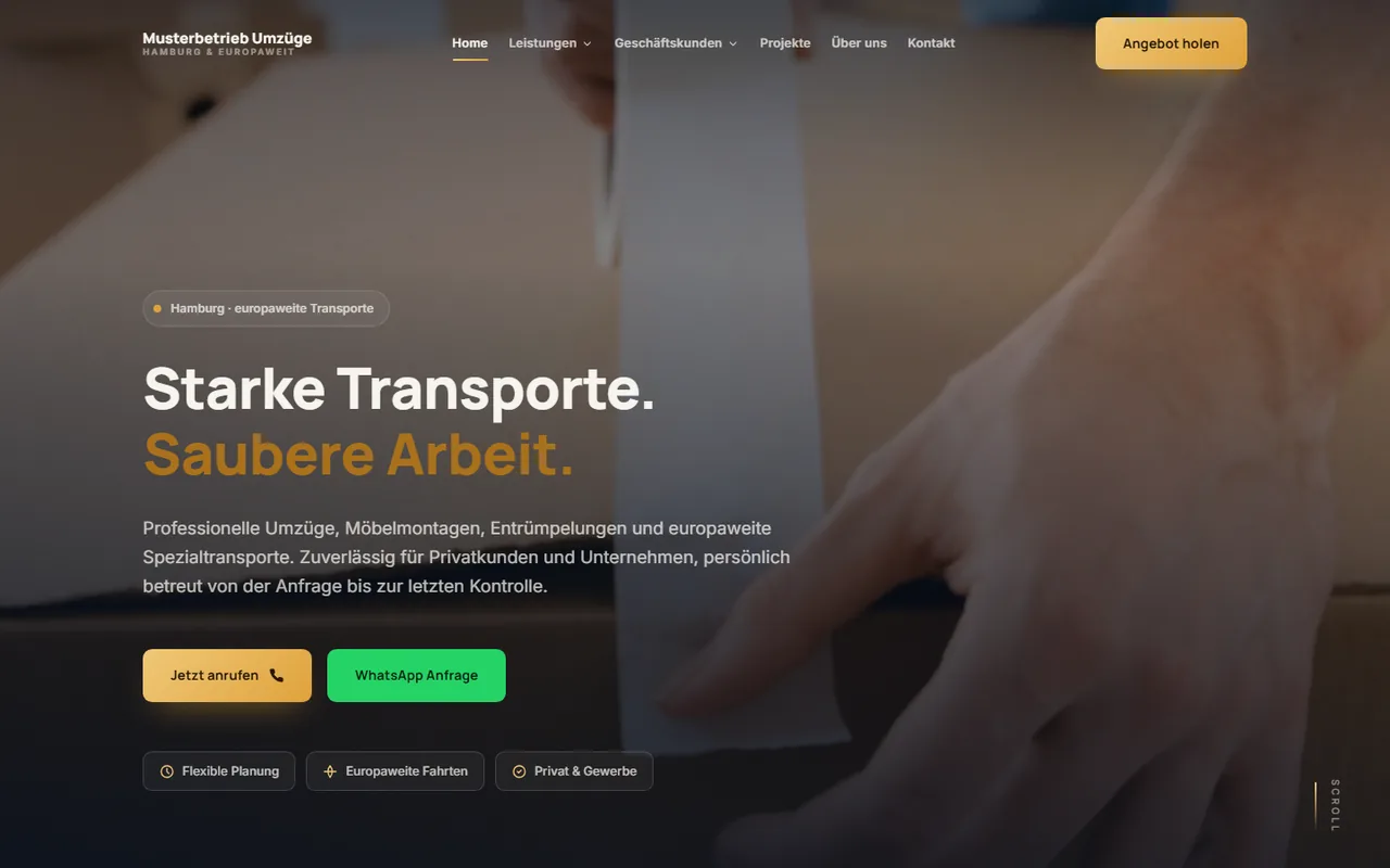 Designstudie Umzüge und Transporte: Startseite des Entwurfs, anonymisiert