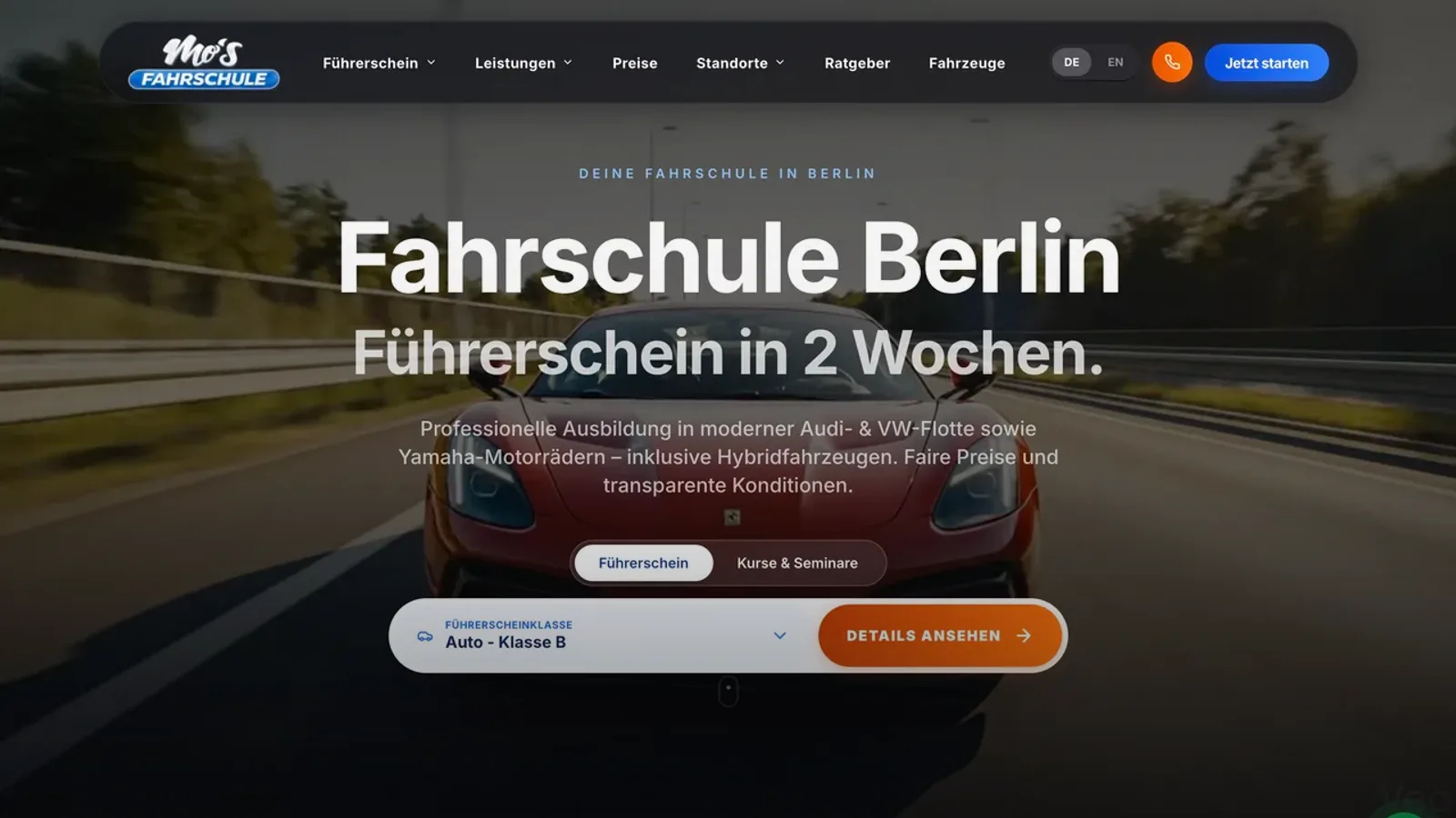 Startseite einer von Webziger gebauten Fahrschul-Website
