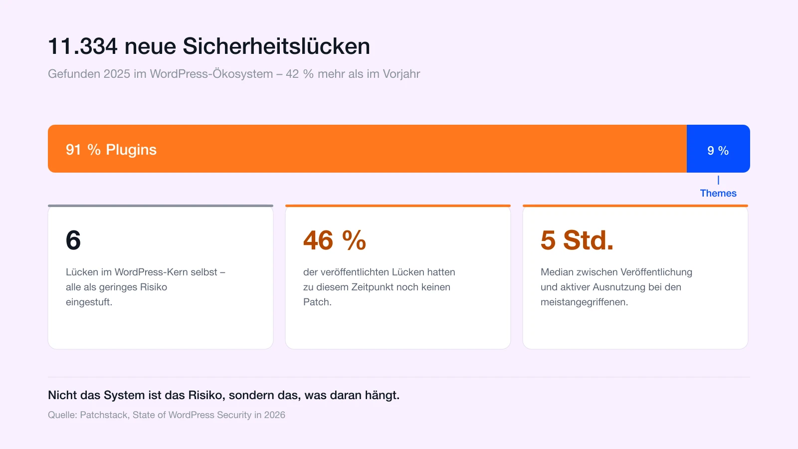 Aufteilung der 11.334 neuen WordPress-Sicherheitslücken 2025: 91 Prozent Plugins, 9 Prozent Themes, 6 im Kern