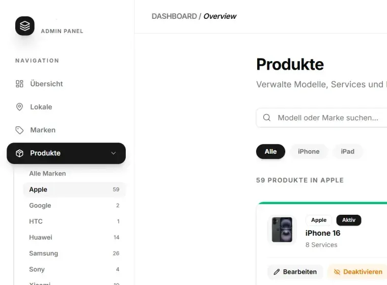 Individuelles Backend: Produktverwaltung mit Marken, Modellen und Leistungen