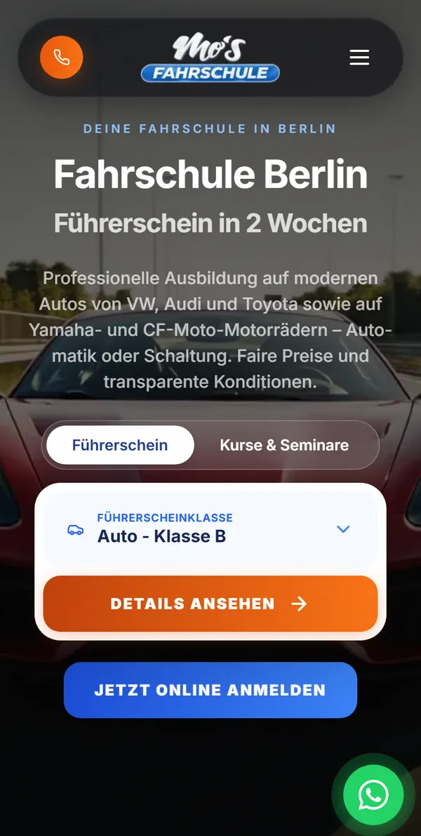 Startseite von mosfahrschule.de auf dem Smartphone