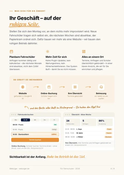 Seite 4 des Whitepapers: was sich für die Fahrschule ändert, mit Beispielansichten der Online-Buchung und der Terminübersicht